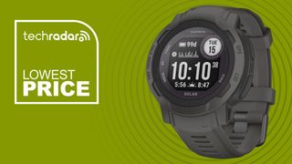 Garmin Instinct 2 on a green background with the text lowest-ever price 