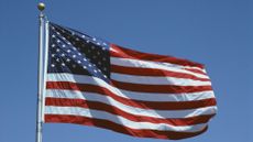 The flag of the United States fluttering in the wind against a blue sky background.