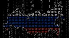 Shape of Russia filled with Russian flag-colored internet codes on a black hacking background